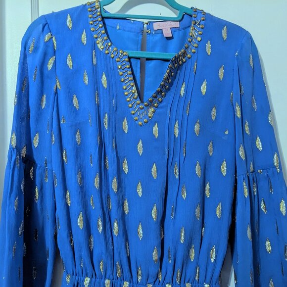 Lilly Pulitzer Ariele Silk Romper in Bennet Blue Diamond Metallic Gold Size XS - Picture 5 of 8